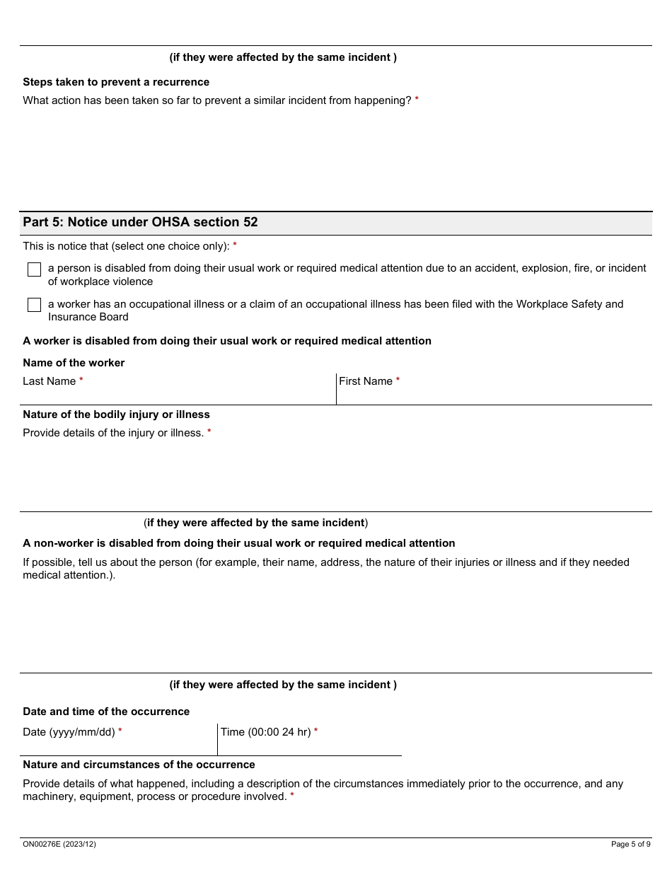 Form ON00276E Report of a Workplace Fatality, Injury, Illness or Incident (Ohsa S. 51, 52, 53) - Ontario, Canada, Page 5