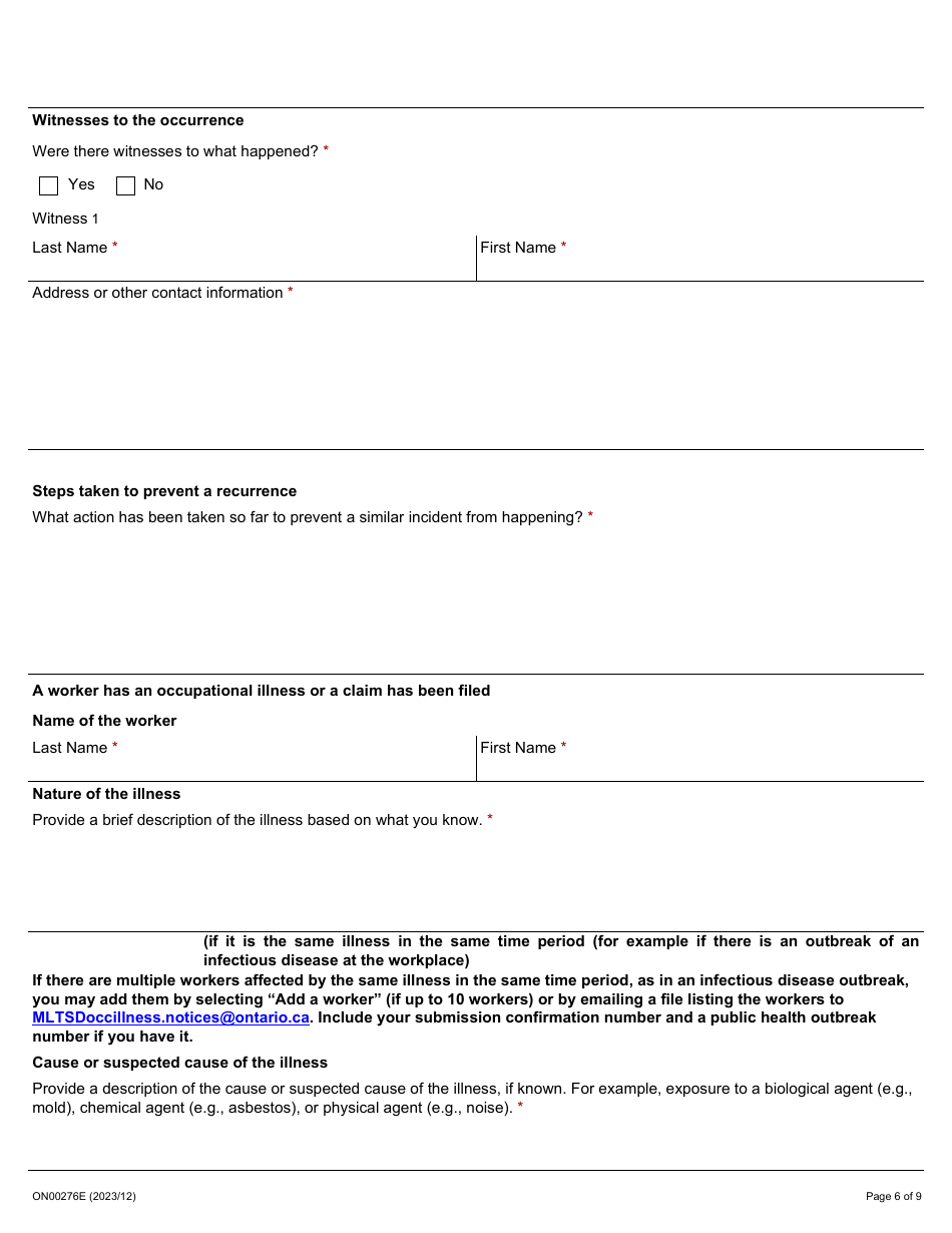 Form ON00276E Report of a Workplace Fatality, Injury, Illness or Incident (Ohsa S. 51, 52, 53) - Ontario, Canada, Page 6