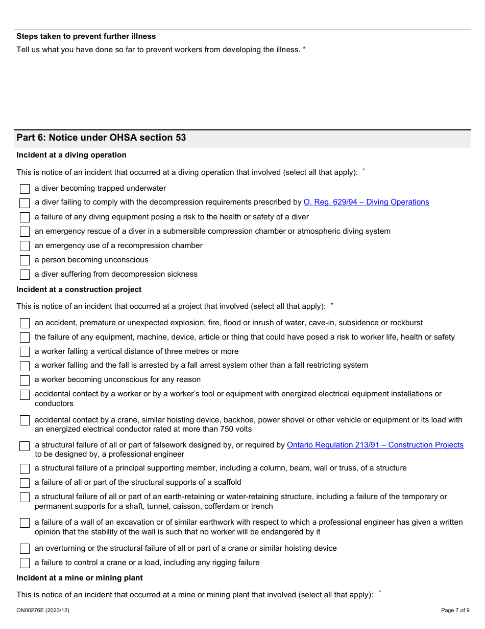 Form ON00276E Report of a Workplace Fatality, Injury, Illness or Incident (Ohsa S. 51, 52, 53) - Ontario, Canada, Page 7