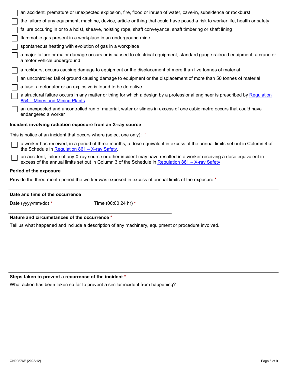 Form ON00276E Report of a Workplace Fatality, Injury, Illness or Incident (Ohsa S. 51, 52, 53) - Ontario, Canada, Page 8