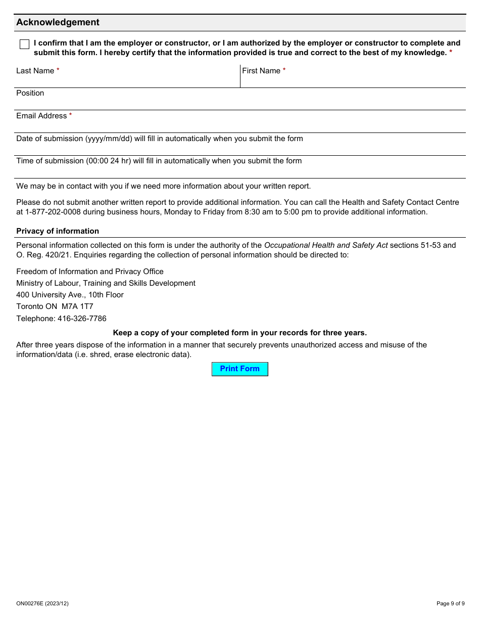 Form ON00276E Report of a Workplace Fatality, Injury, Illness or Incident (Ohsa S. 51, 52, 53) - Ontario, Canada, Page 9