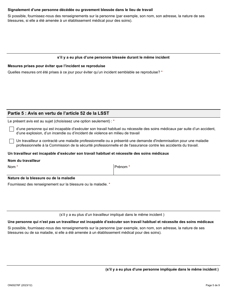 Forme ON00276F Signalement Dun Deces, Dune Blessure, Dune Maladie Ou Dun Incident Sur Le Lieu De Travail (Articles 51, 52 Et 53 De La Lsst) - Ontario, Canada (French), Page 5