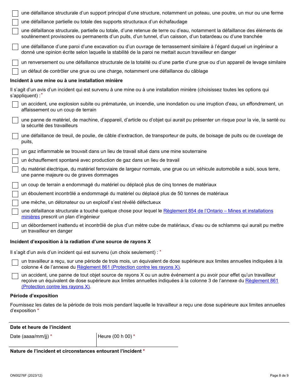 Forme ON00276F Signalement Dun Deces, Dune Blessure, Dune Maladie Ou Dun Incident Sur Le Lieu De Travail (Articles 51, 52 Et 53 De La Lsst) - Ontario, Canada (French), Page 8