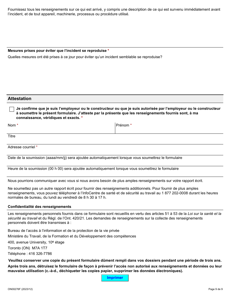 Forme ON00276F Signalement Dun Deces, Dune Blessure, Dune Maladie Ou Dun Incident Sur Le Lieu De Travail (Articles 51, 52 Et 53 De La Lsst) - Ontario, Canada (French), Page 9