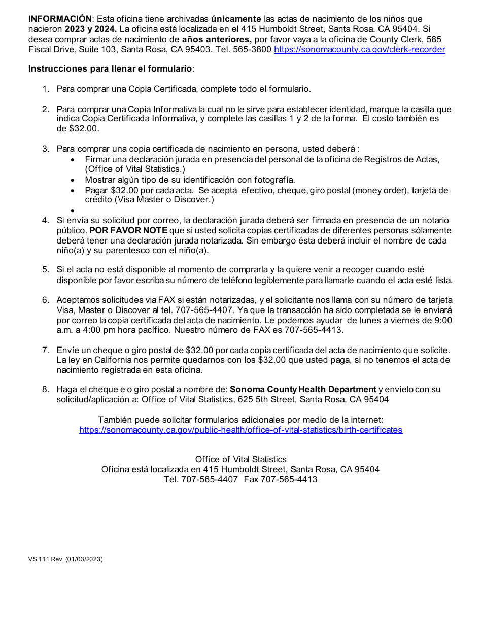 Formulario VS111 Solicitud Para Obtener Una Copia Certificada De Nacimiento De Ninos - Sonoma County, California (Spanish), Page 3