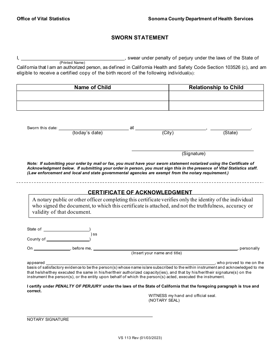 Form VS113 Application for Certified Copy of Birth Records - Sonoma County, California, Page 2