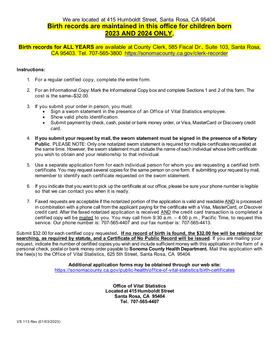 Form VS113 Application for Certified Copy of Birth Records - Sonoma County, California, Page 3