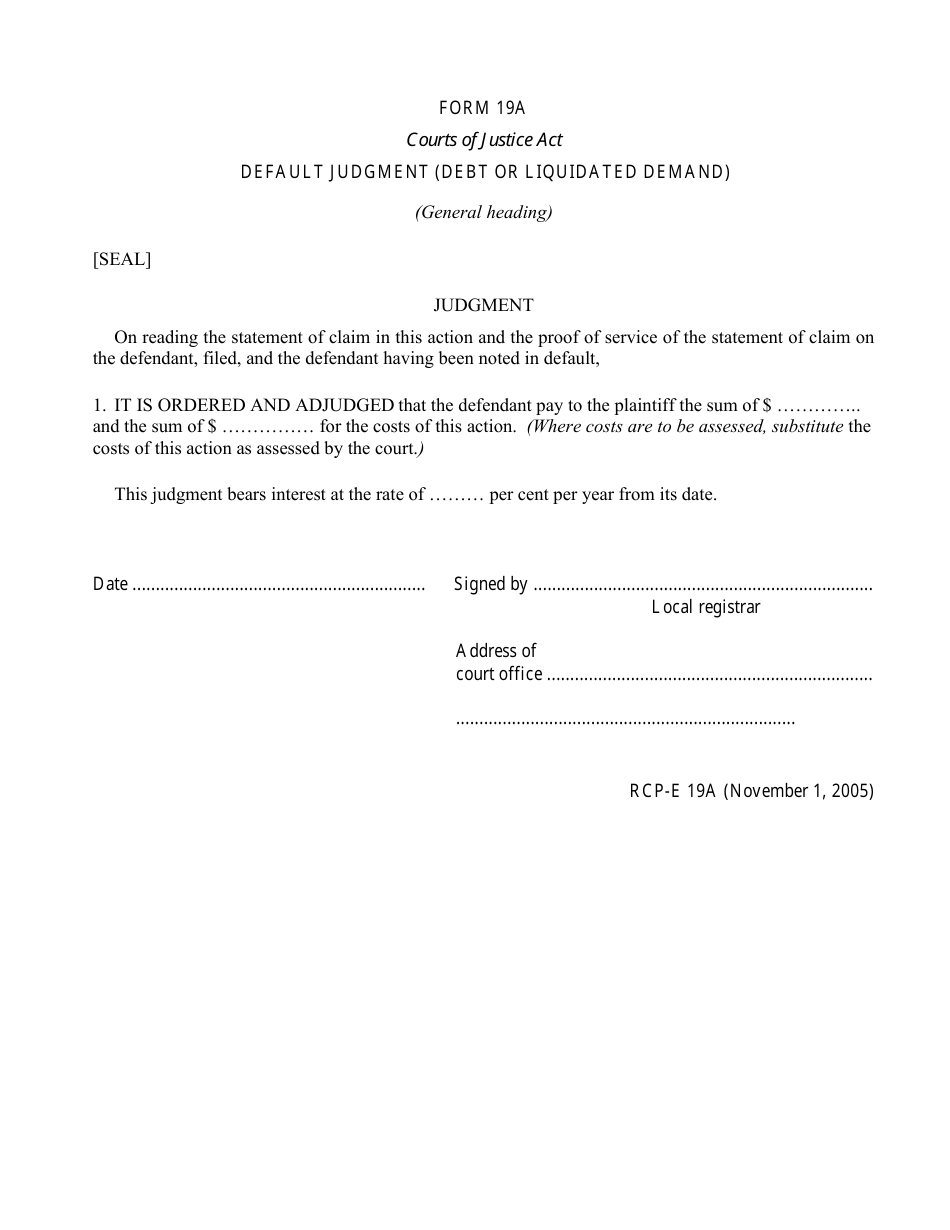 Form 19A Default Judgment (Debt or Liquidated Demand) - Ontario, Canada, Page 1