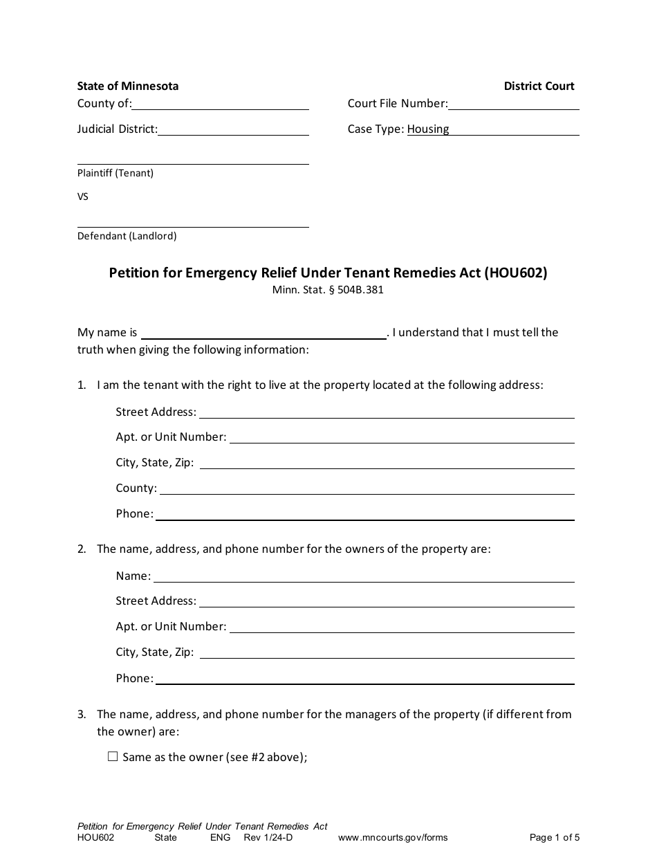 Form HOU602 Petition for Emergency Relief Under Tenant Remedies Act - Minnesota, Page 1