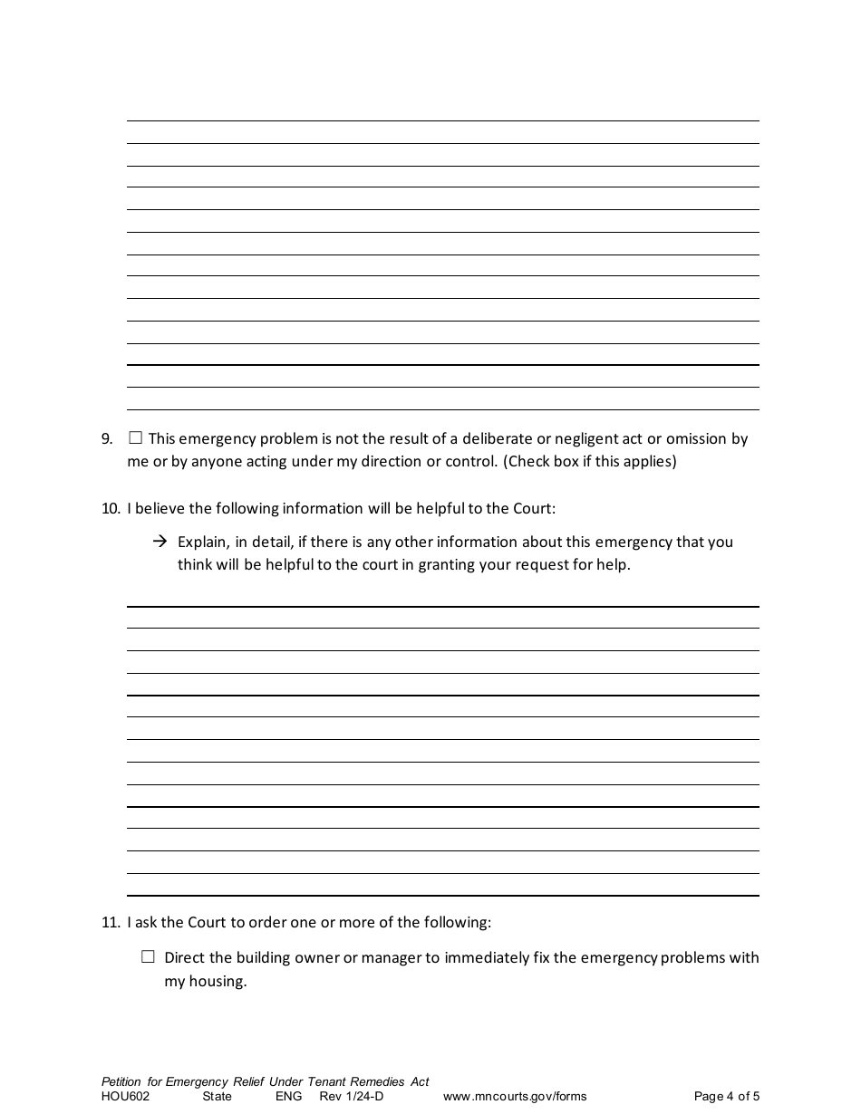 Form HOU602 Petition for Emergency Relief Under Tenant Remedies Act - Minnesota, Page 4