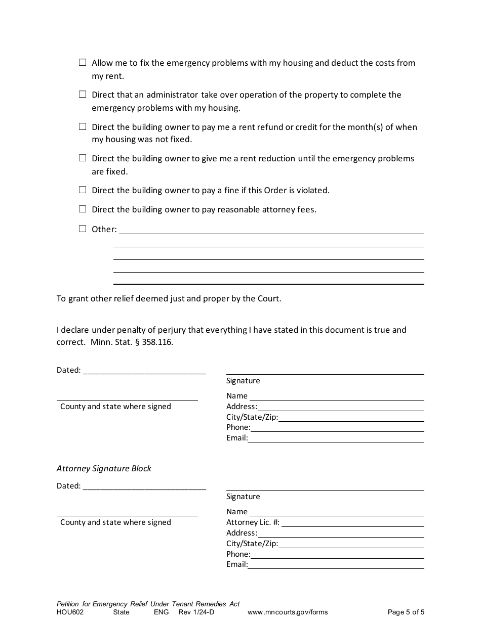 Form HOU602 Petition for Emergency Relief Under Tenant Remedies Act - Minnesota, Page 5