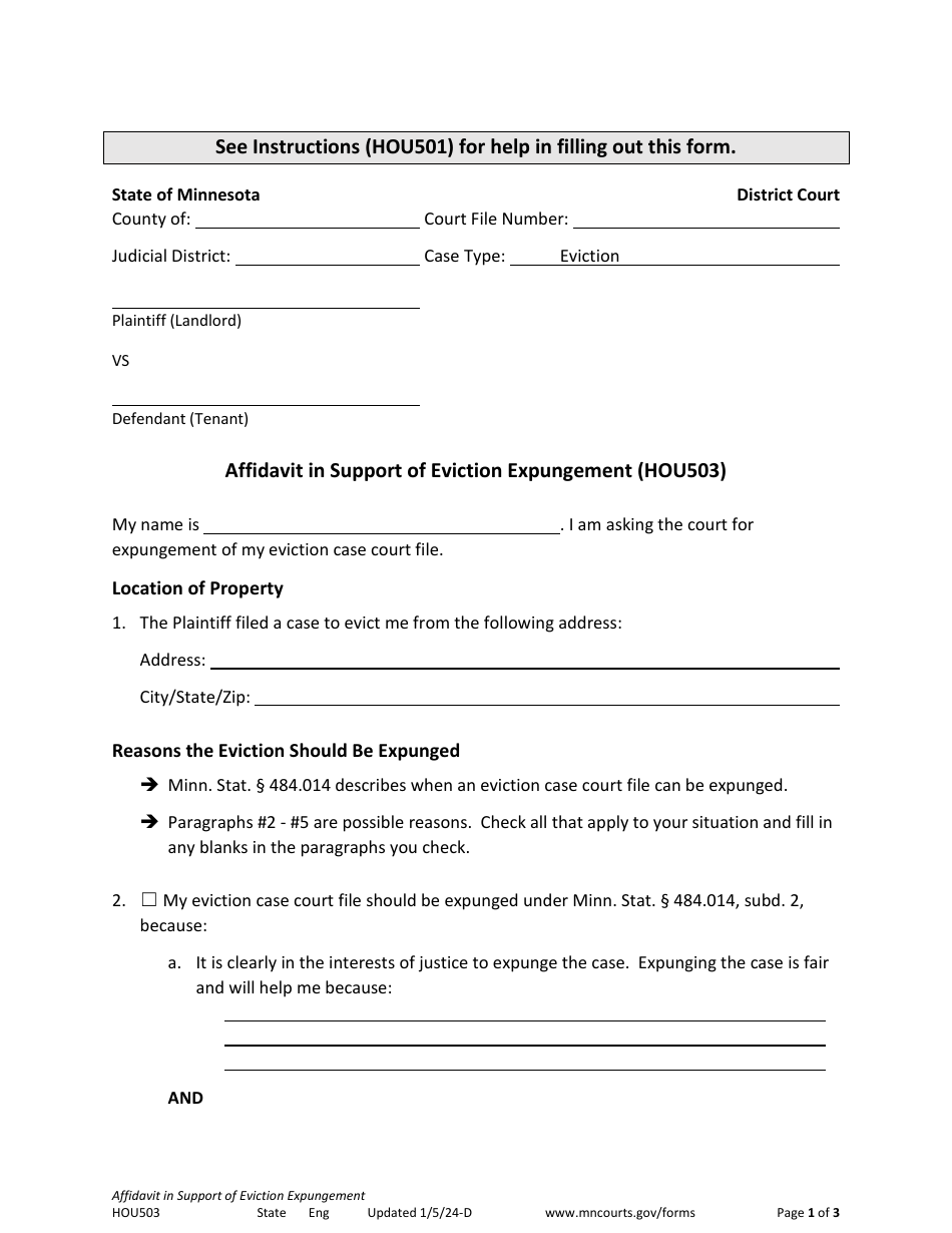 Form HOU503 Affidavit in Support of Eviction Expungement - Minnesota, Page 1