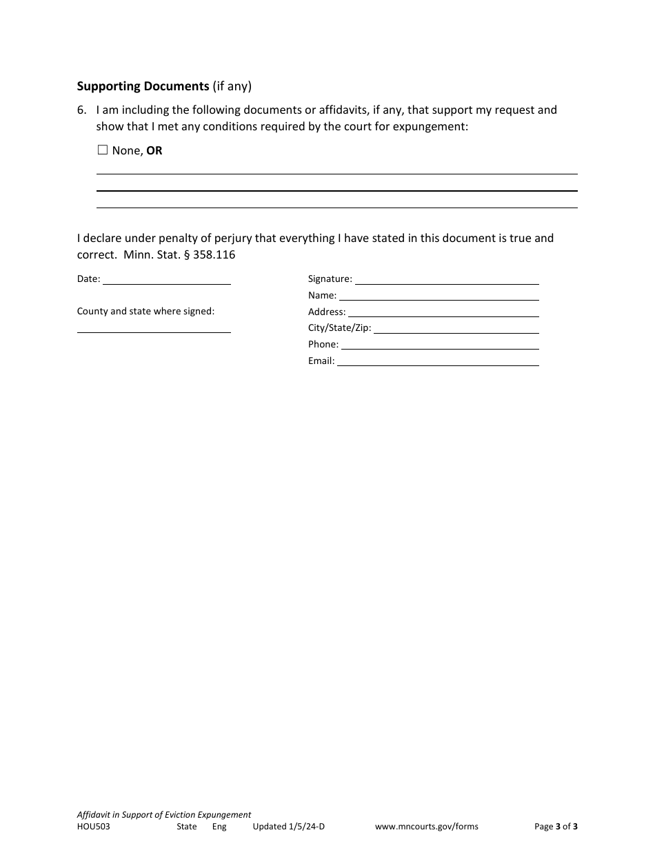 Form HOU503 Affidavit in Support of Eviction Expungement - Minnesota, Page 3