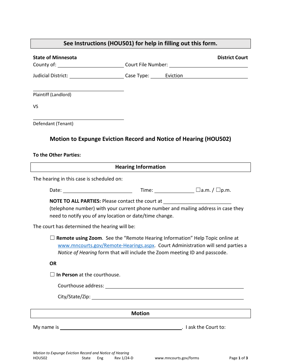 Form HOU502 Download Printable PDF or Fill Online Motion to Expunge ...