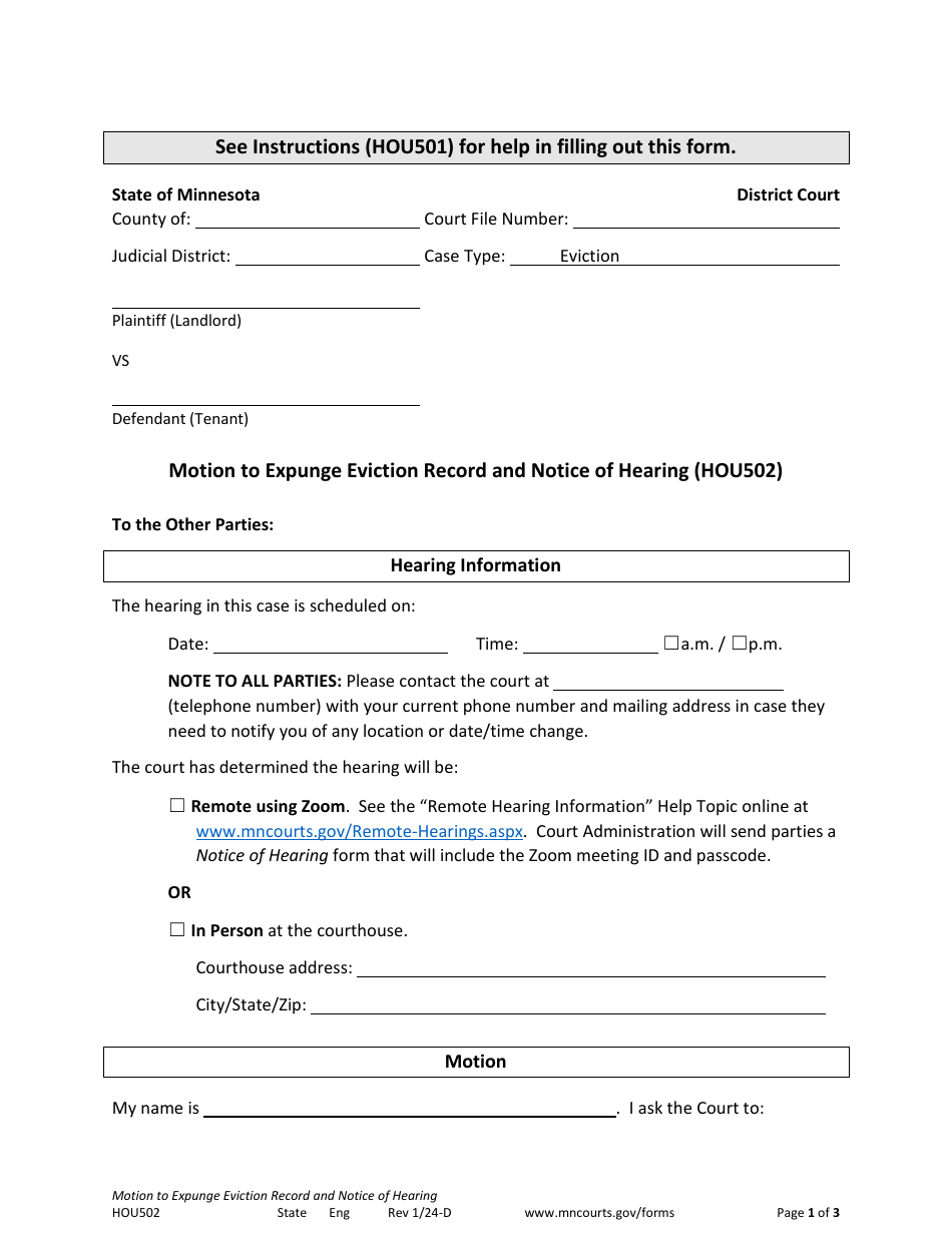Form HOU502 Motion to Expunge Eviction Record and Notice of Hearing - Minnesota, Page 1
