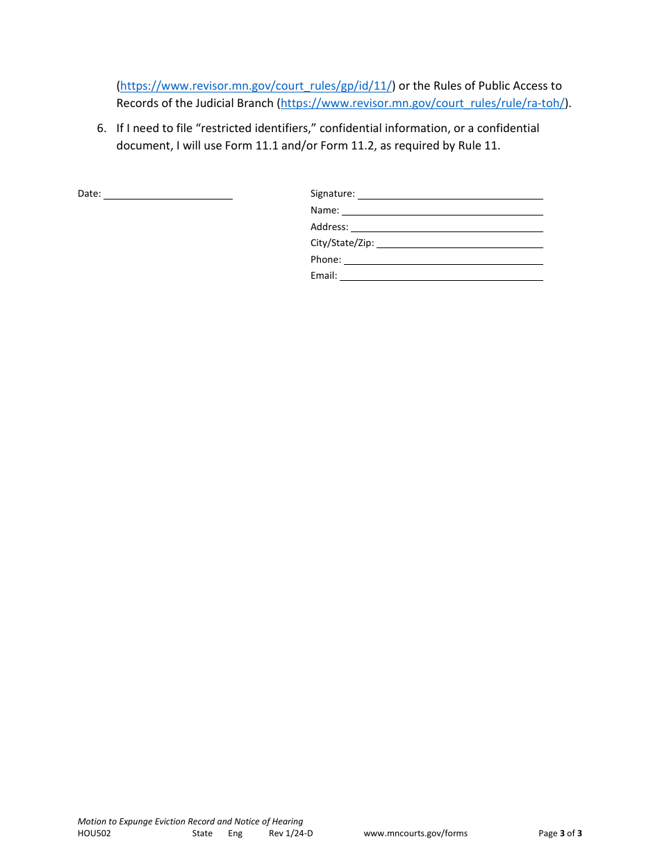 Form HOU502 Motion to Expunge Eviction Record and Notice of Hearing - Minnesota, Page 3