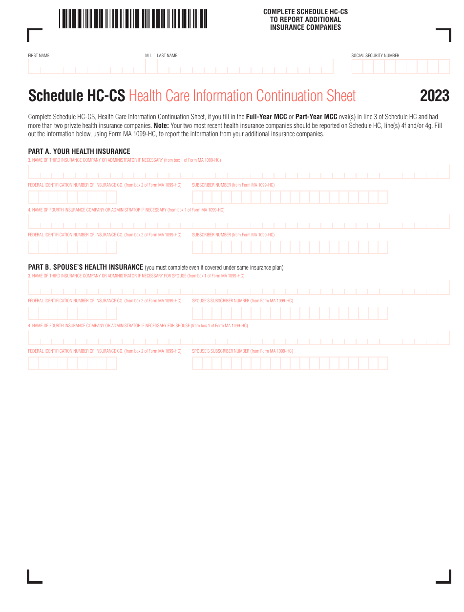 Schedule HC-CS Health Care Information Continuation Sheet - Massachusetts, Page 1