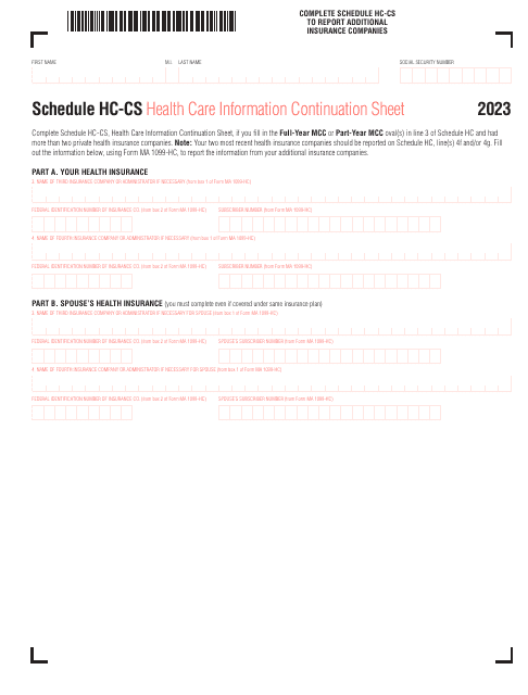 Schedule HC-CS Health Care Information Continuation Sheet - Massachusetts, 2023