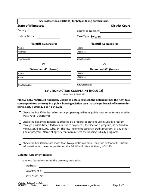 Form HOU102 Eviction Action Complaint - Minnesota