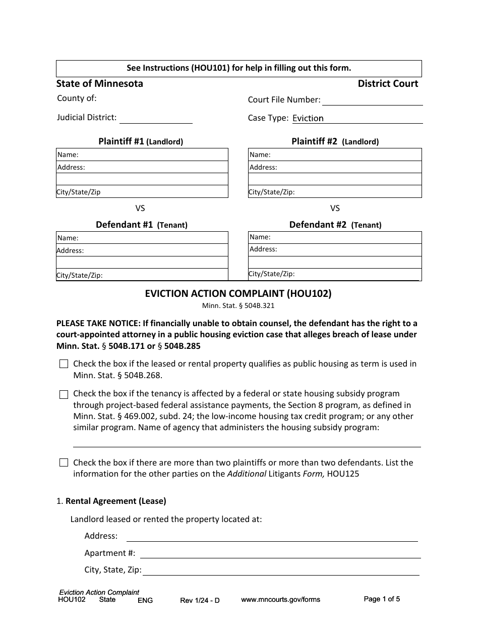 Form HOU102 Eviction Action Complaint - Minnesota, Page 1