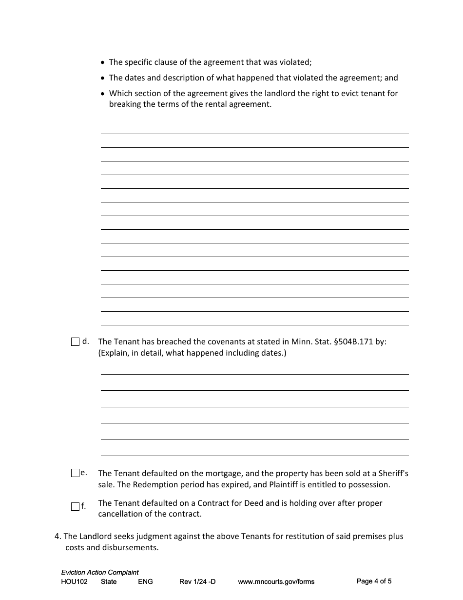 Form HOU102 Eviction Action Complaint - Minnesota, Page 4