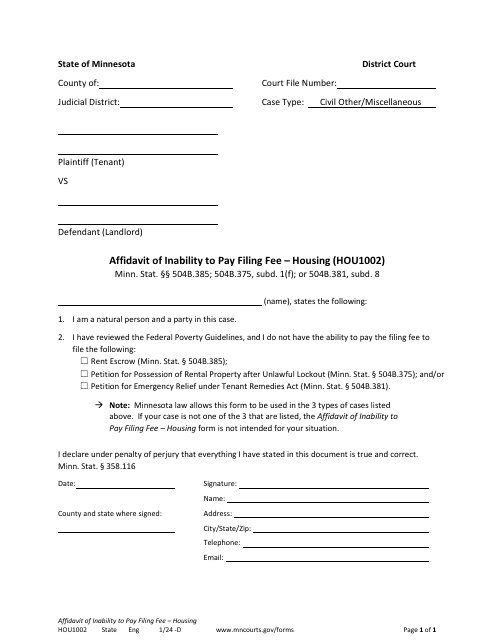 Form HOU1002 Affidavit of Inability to Pay Filing Fee - Housing - Minnesota