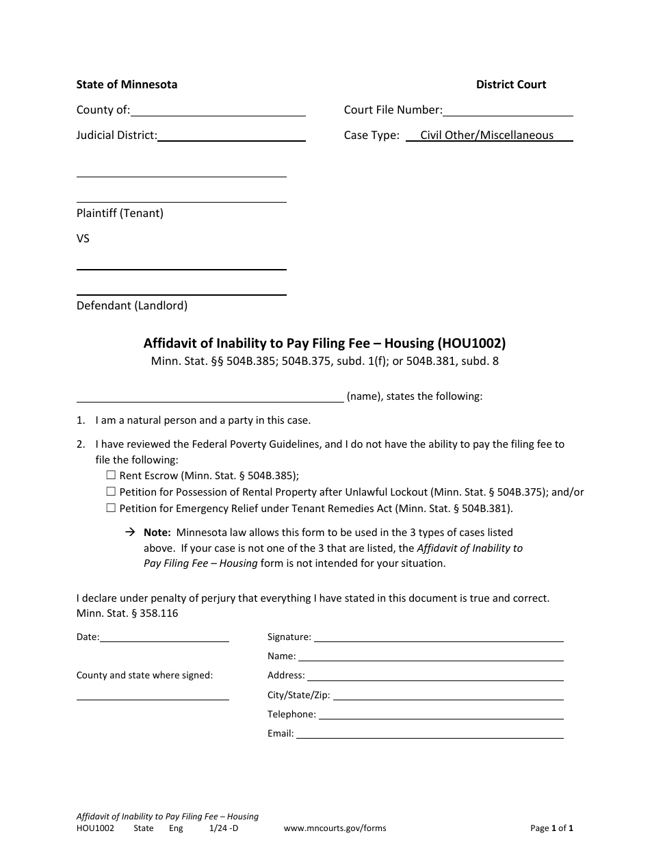 Form HOU1002 Affidavit of Inability to Pay Filing Fee - Housing - Minnesota, Page 1