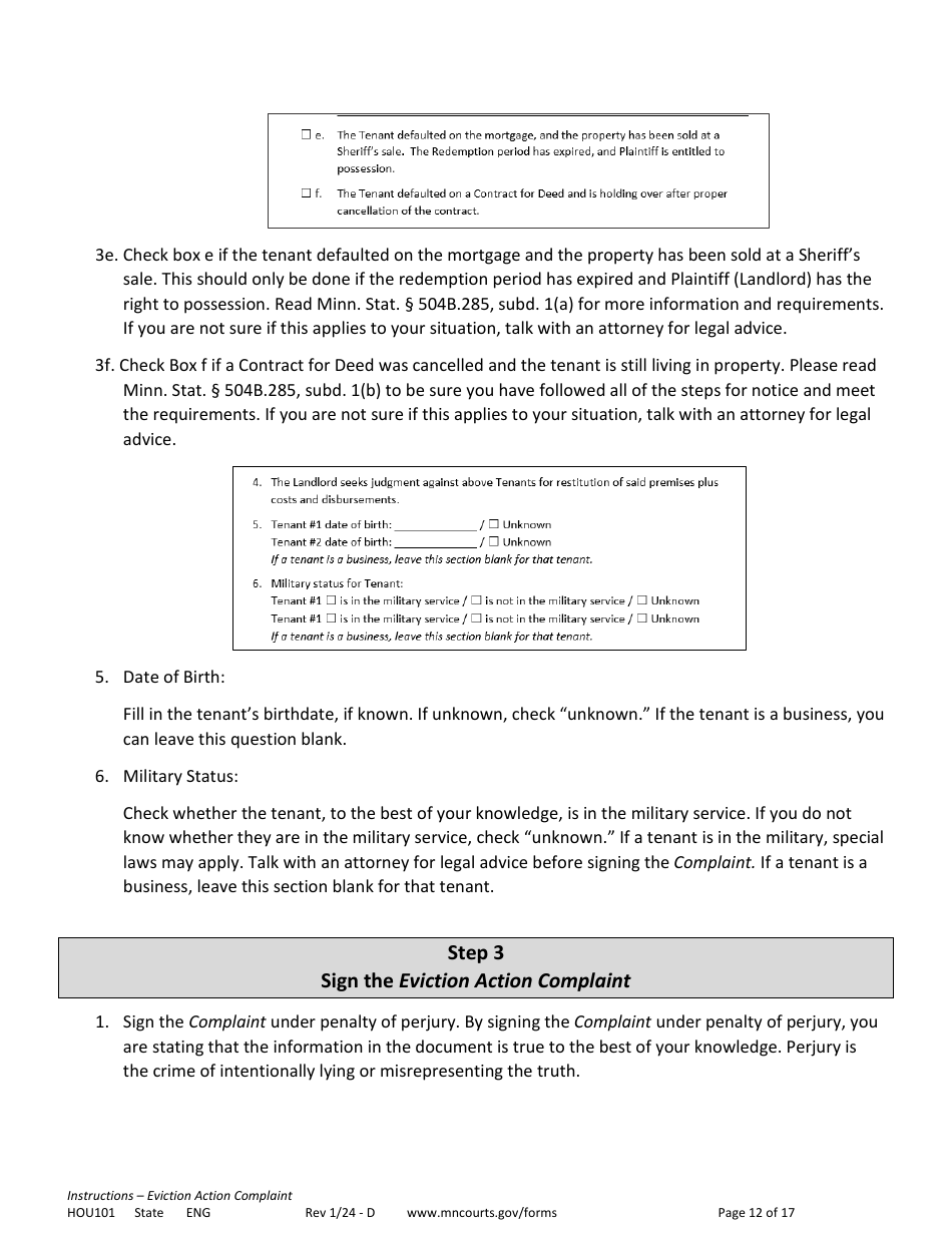Form HOU101 Instructions - Eviction Action Complaint - Minnesota, Page 12