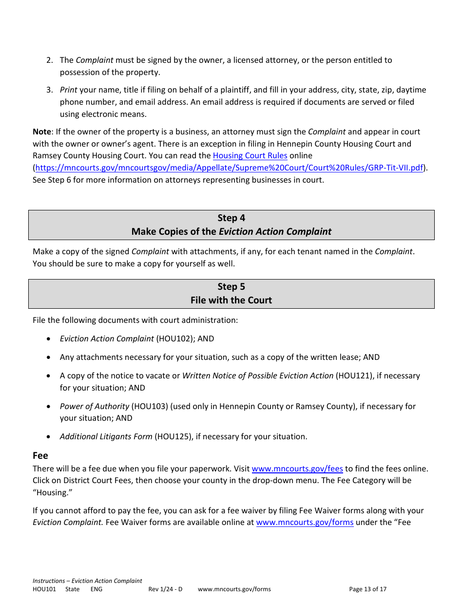 Form HOU101 Instructions - Eviction Action Complaint - Minnesota, Page 13