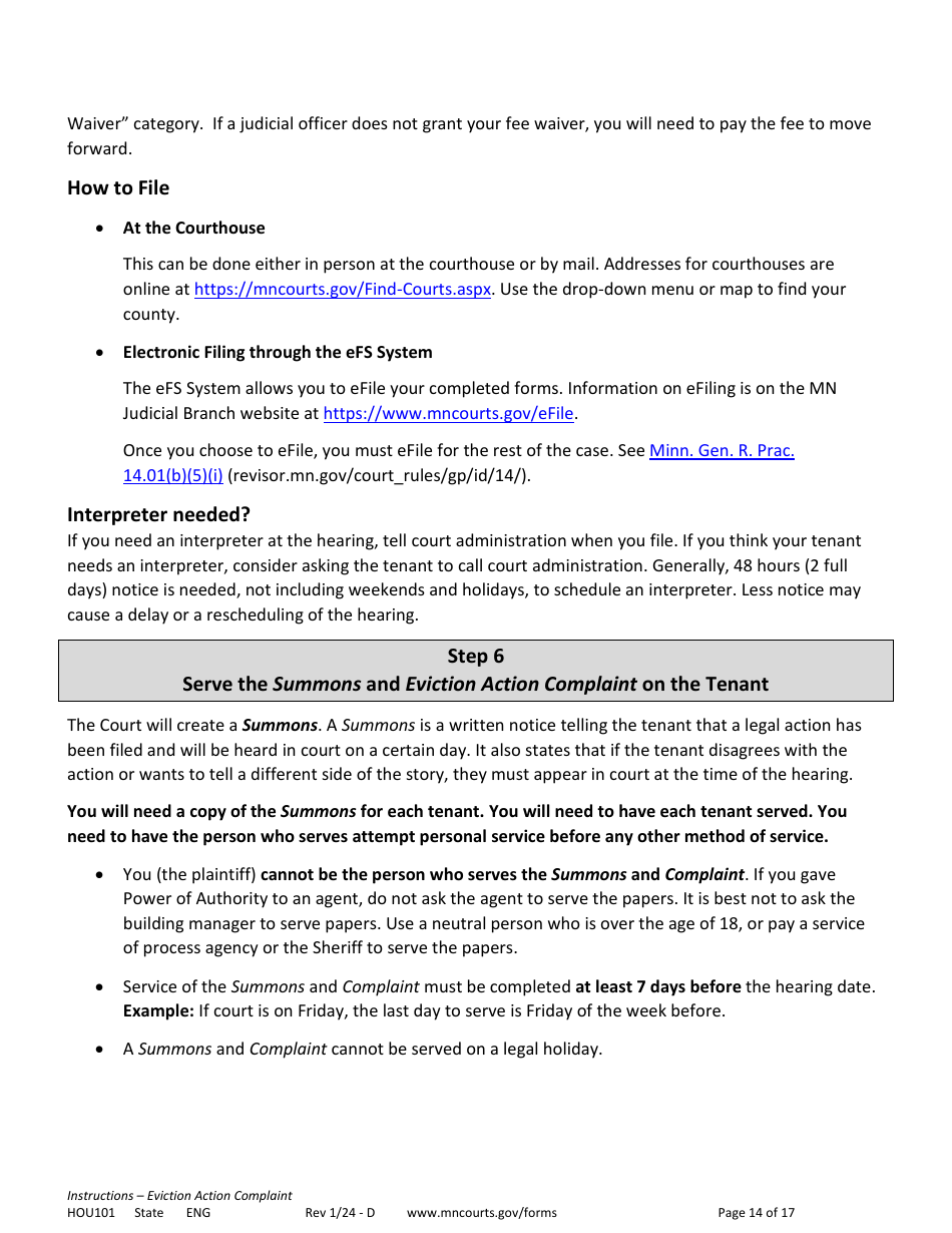Form HOU101 Instructions - Eviction Action Complaint - Minnesota, Page 14