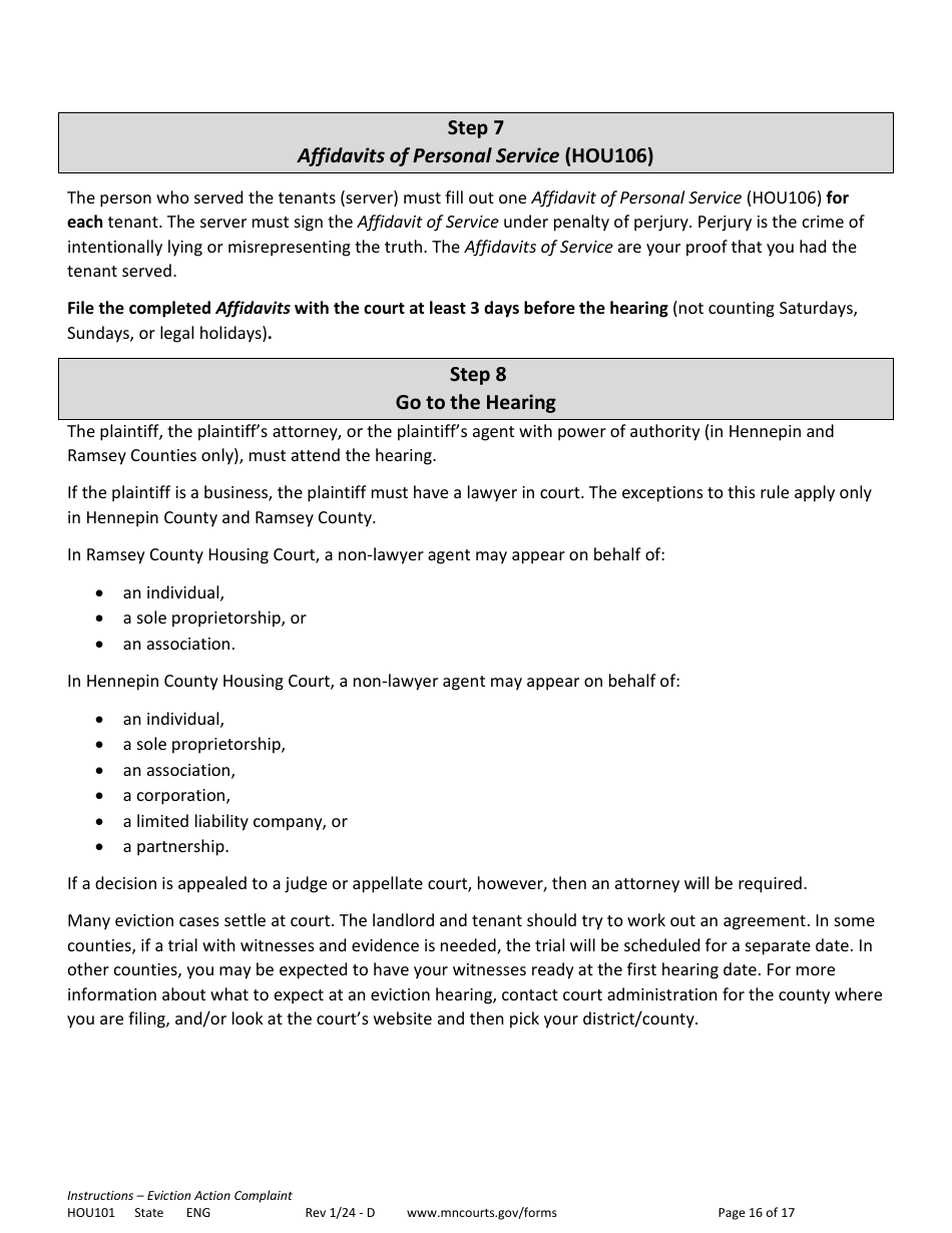 Form HOU101 Instructions - Eviction Action Complaint - Minnesota, Page 16