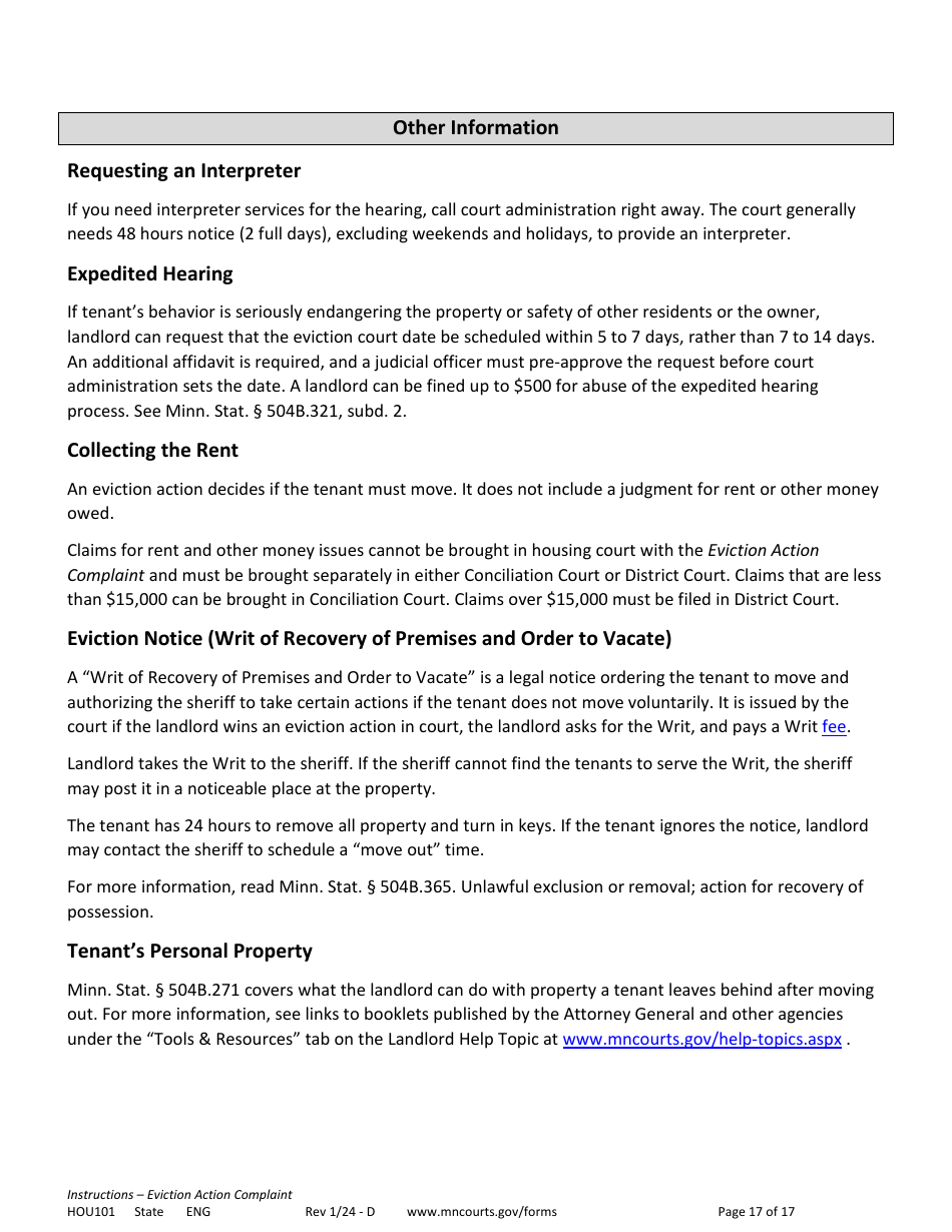 Form HOU101 Instructions - Eviction Action Complaint - Minnesota, Page 17