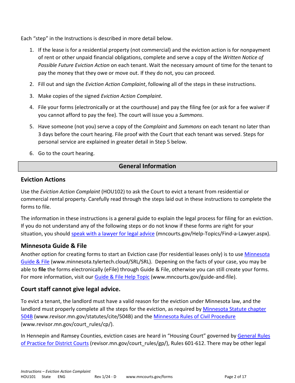 Form HOU101 Instructions - Eviction Action Complaint - Minnesota, Page 2