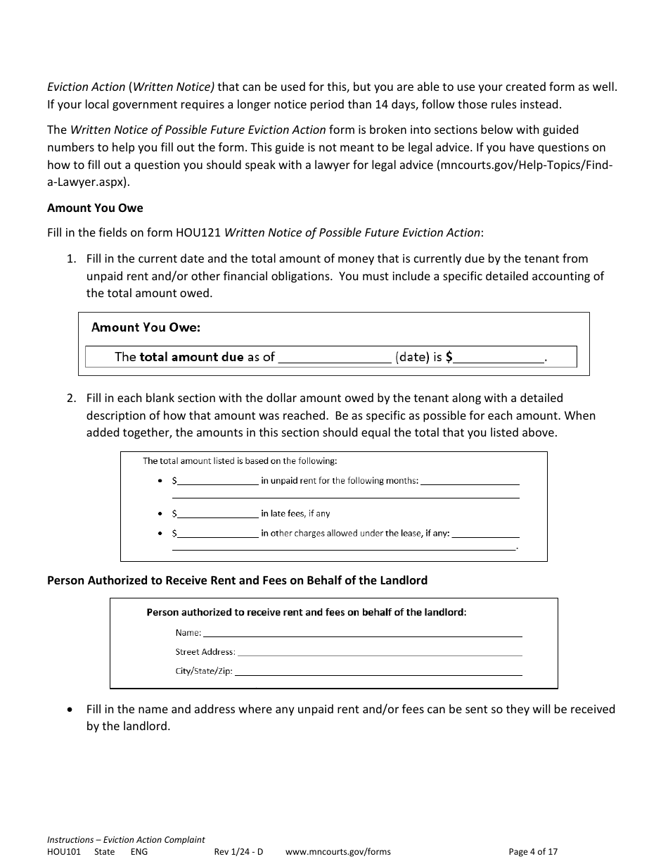Form HOU101 Instructions - Eviction Action Complaint - Minnesota, Page 4