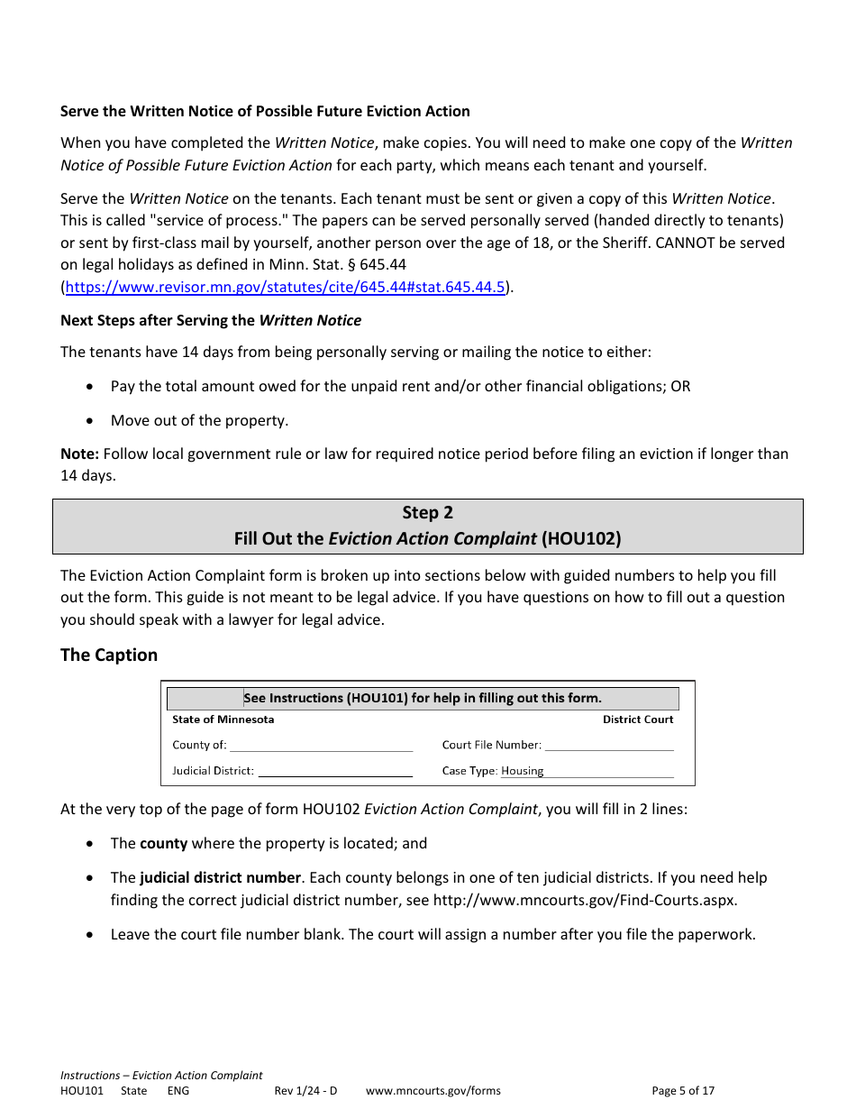 Form HOU101 Instructions - Eviction Action Complaint - Minnesota, Page 5