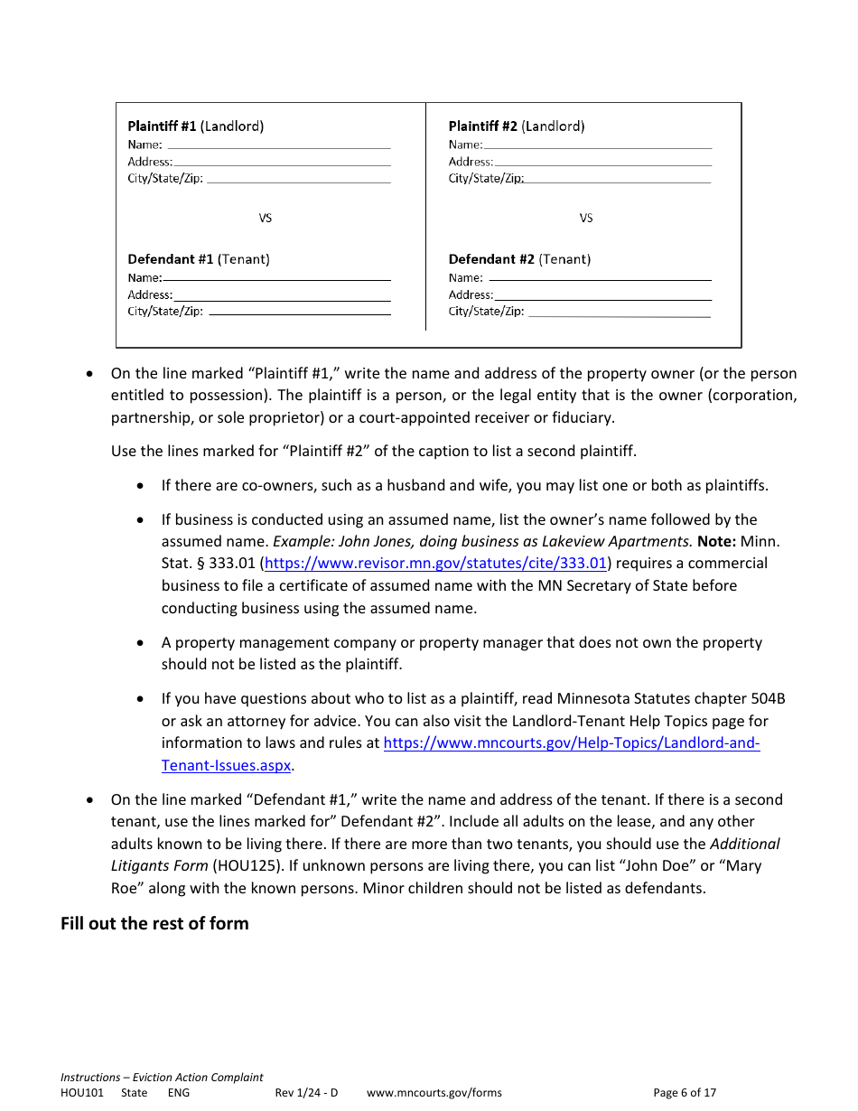 Form HOU101 Instructions - Eviction Action Complaint - Minnesota, Page 6