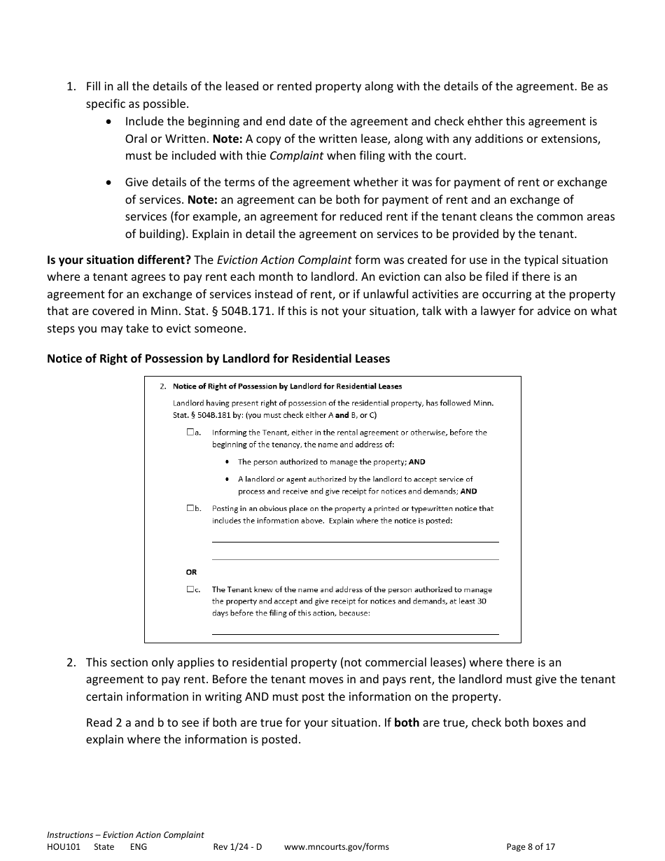 Form HOU101 Instructions - Eviction Action Complaint - Minnesota, Page 8
