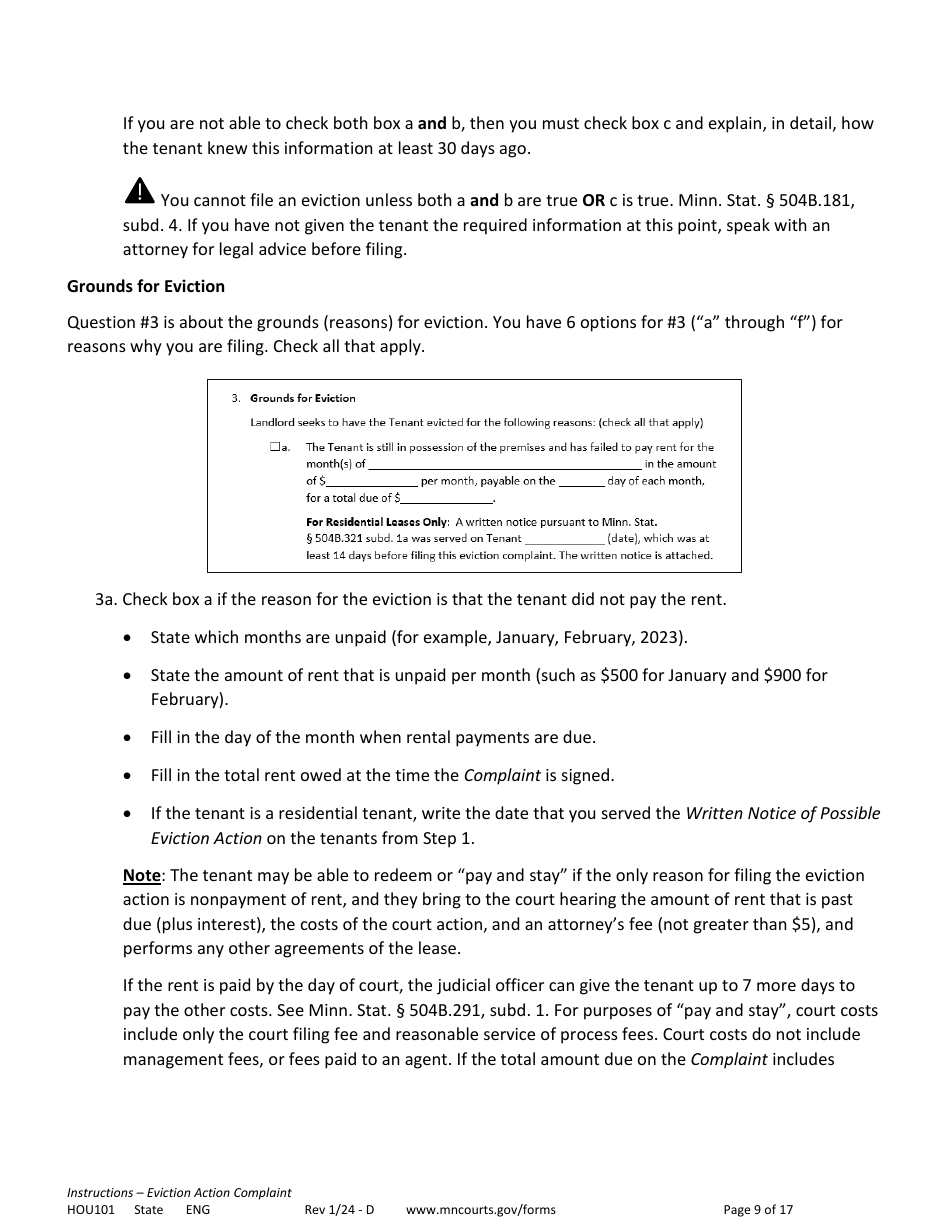 Form HOU101 Instructions - Eviction Action Complaint - Minnesota, Page 9
