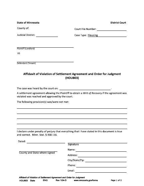 Form HOU803 Affidavit of Violation of Settlement Agreement and Order for Judgment - Minnesota