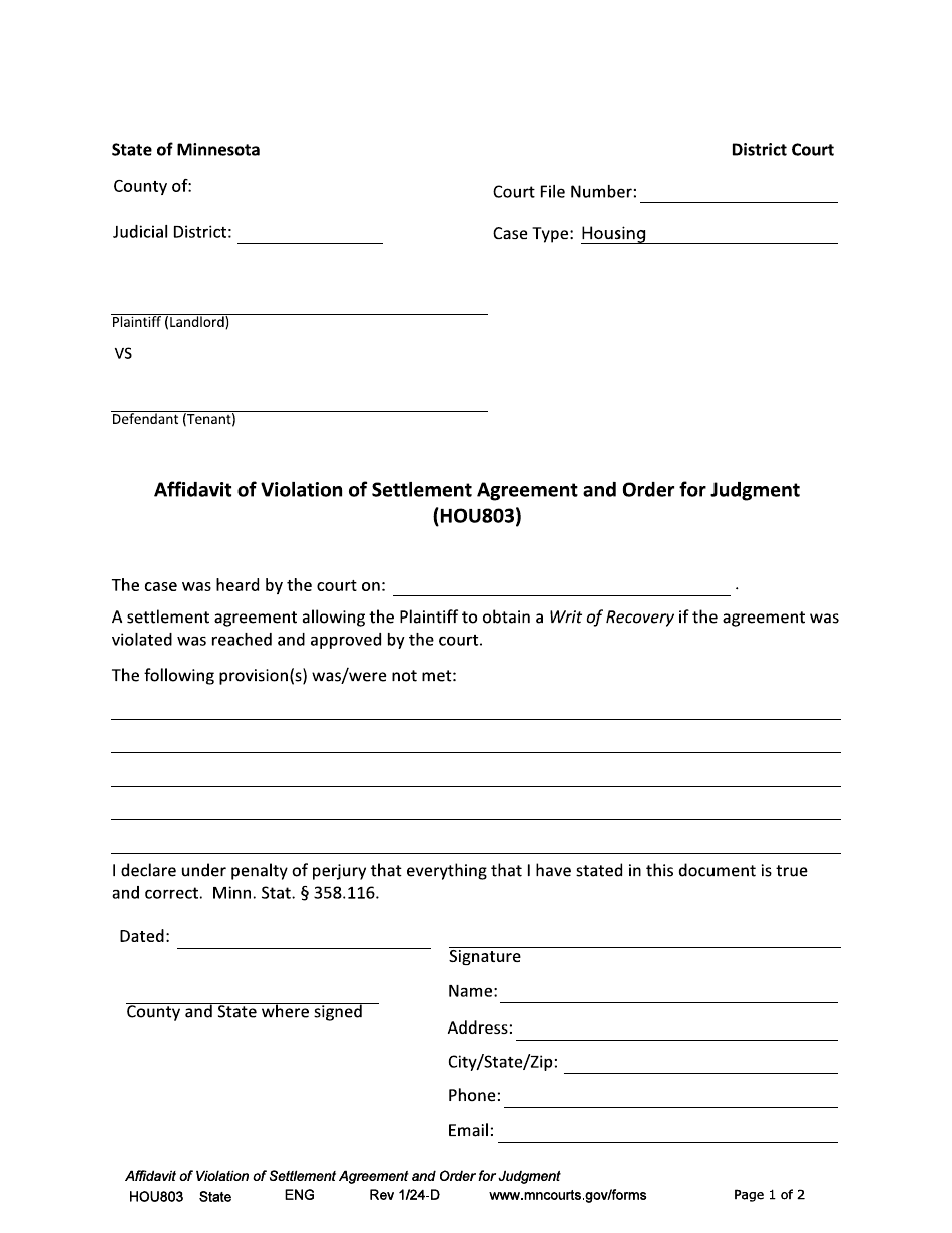 Form HOU803 Affidavit of Violation of Settlement Agreement and Order for Judgment - Minnesota, Page 1