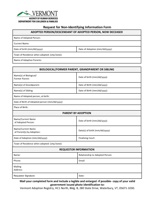 Request for Non-identifying Information Form - Vermont