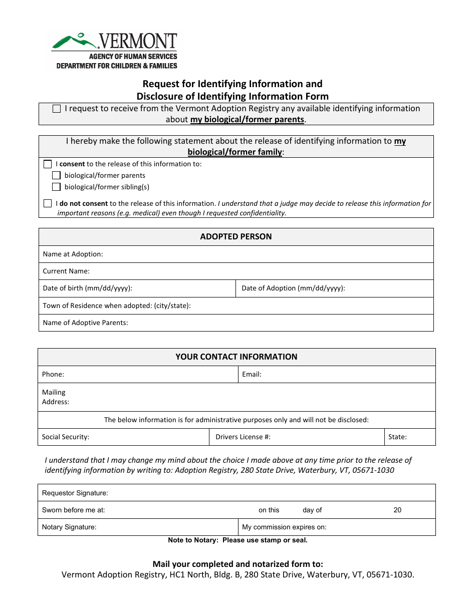 Request for Identifying Information and Disclosure of Identifying Information Form - Vermont, Page 1