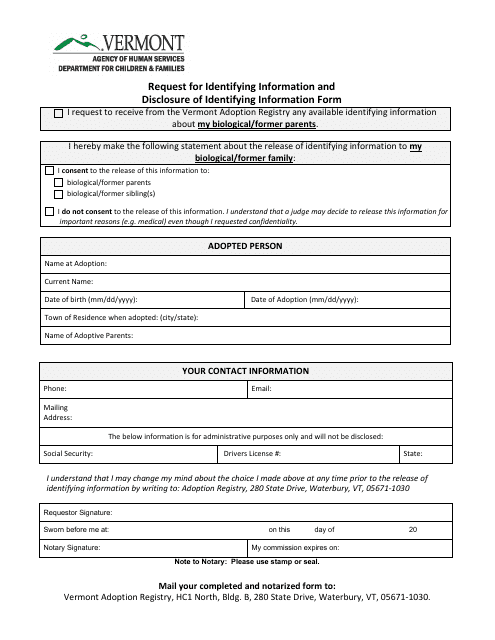 Request for Identifying Information and Disclosure of Identifying Information Form - Vermont Download Pdf