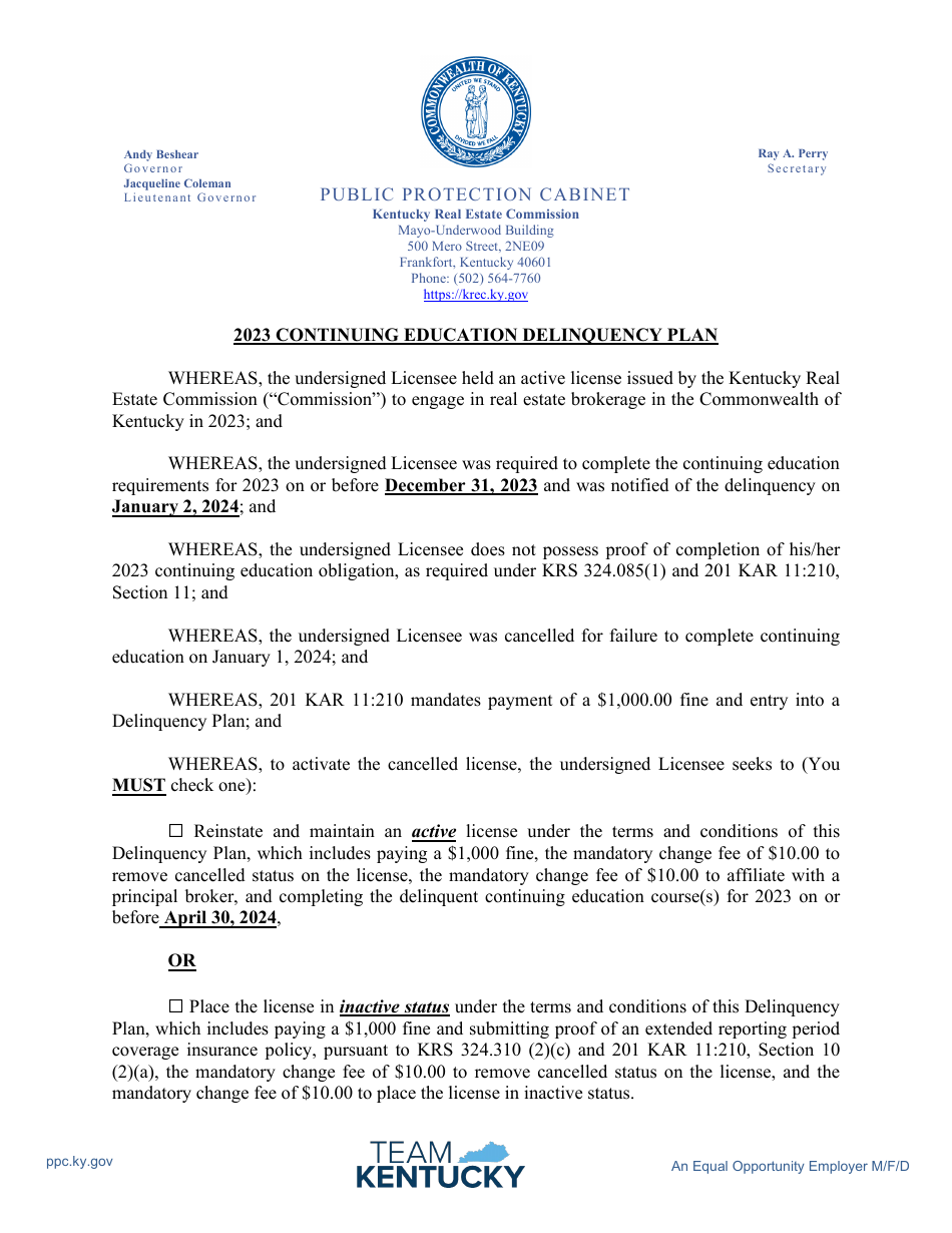 2023 Kentucky Continuing Education Delinquency Plan - Fill Out, Sign