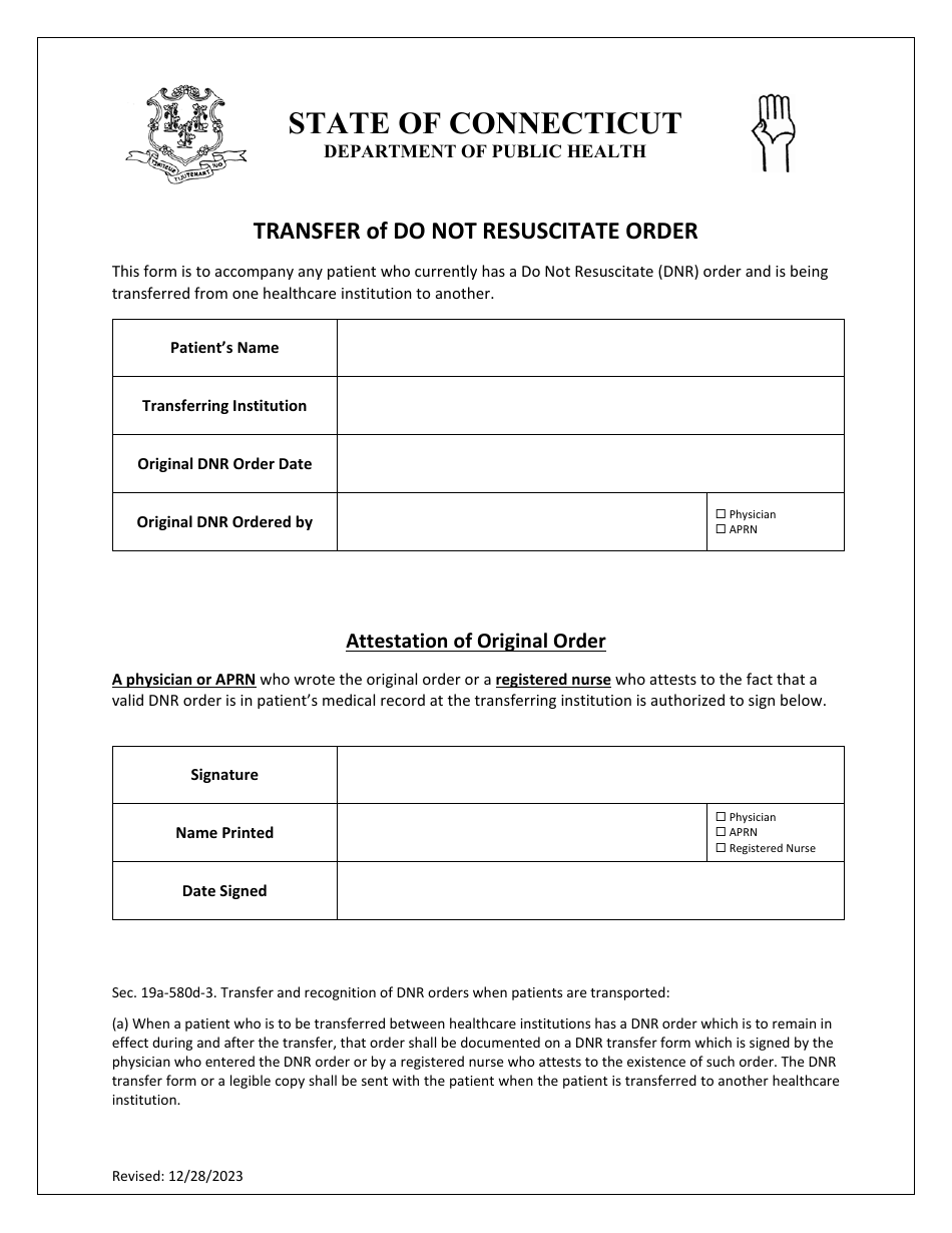 Transfer of Do Not Resuscitate Order - Connecticut, Page 1