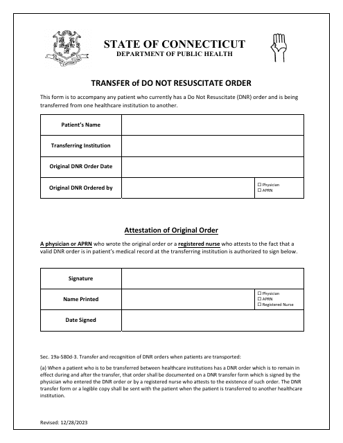 Transfer of Do Not Resuscitate Order - Connecticut Download Pdf