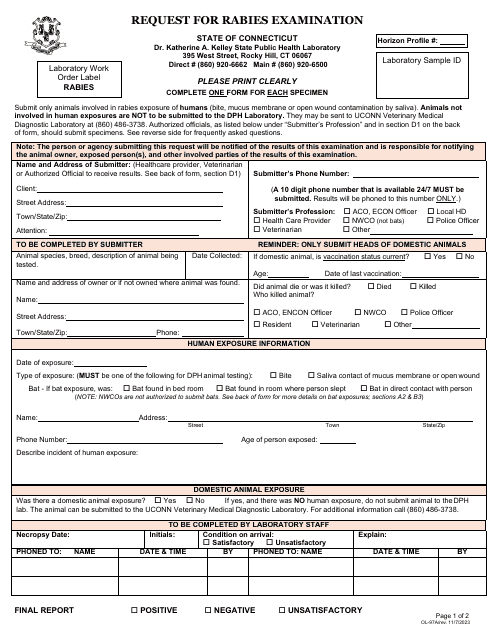 Form OL-97A Request for Rabies Examination - Connecticut