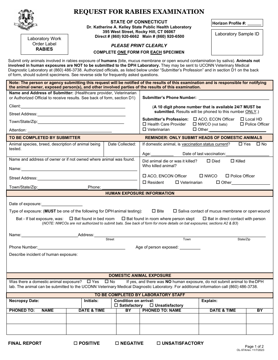 Form OL-97A Request for Rabies Examination - Connecticut, Page 1