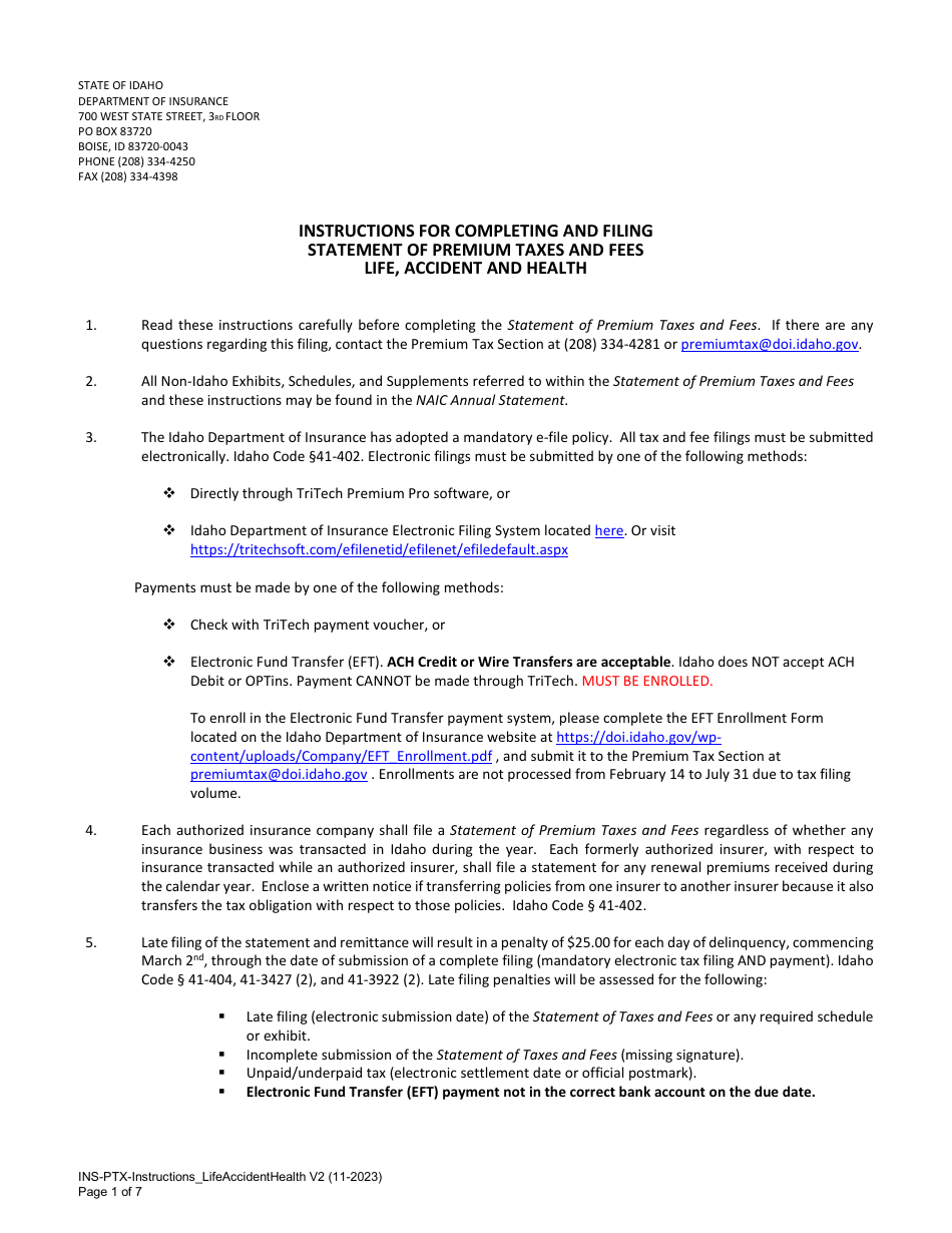 Instructions for Statement of Premium Taxes and Fees - Life, Accident and Health - Idaho, Page 1