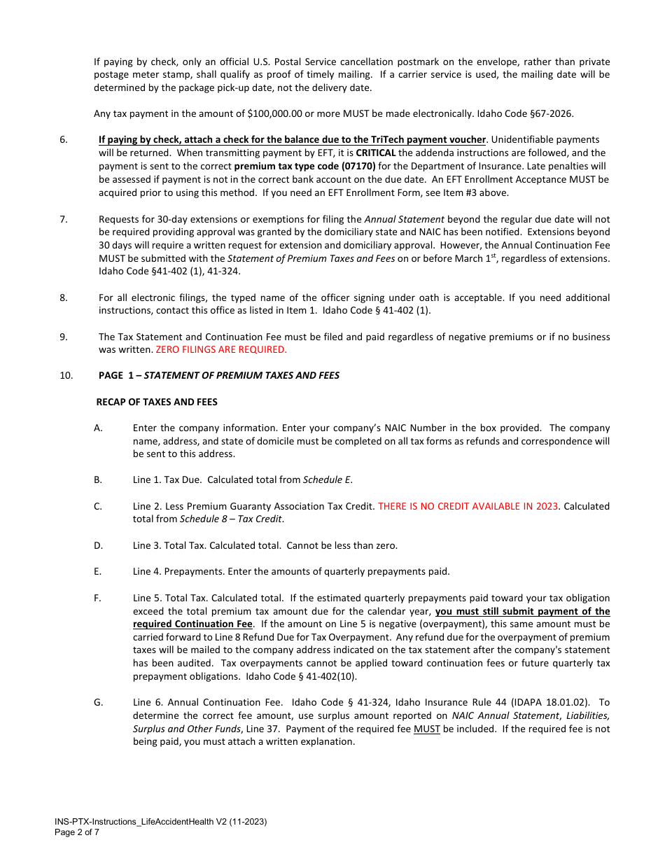 Instructions for Statement of Premium Taxes and Fees - Life, Accident and Health - Idaho, Page 2